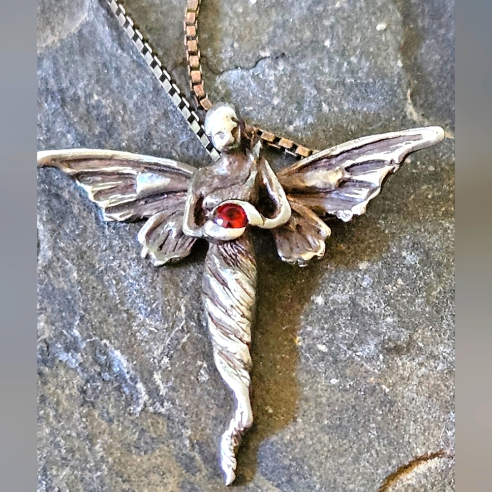Art Nouveau Sterling Silver Angel Pendant Necklace